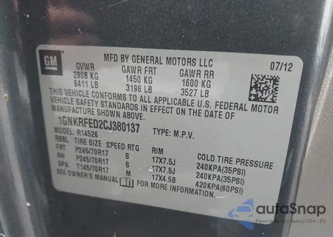 2012 Chevrolet Traverse Ls из США, поврежденный, VIN 1GNKRFED2CJ380137